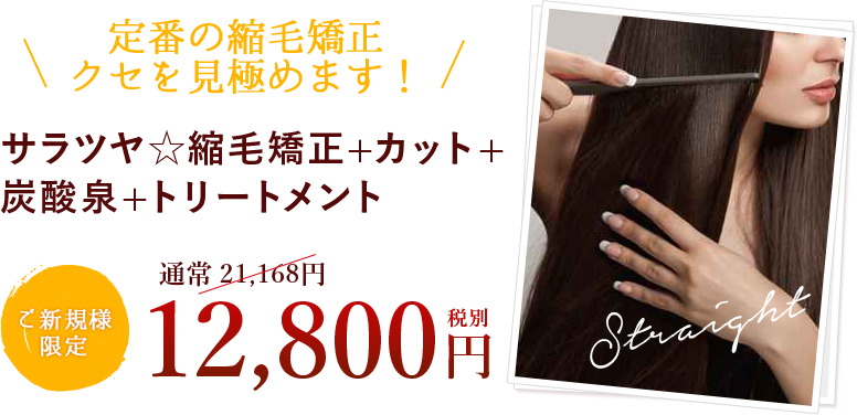 サラツヤ☆縮毛矯正+カット+炭酸泉+トリートメント ¥13,824